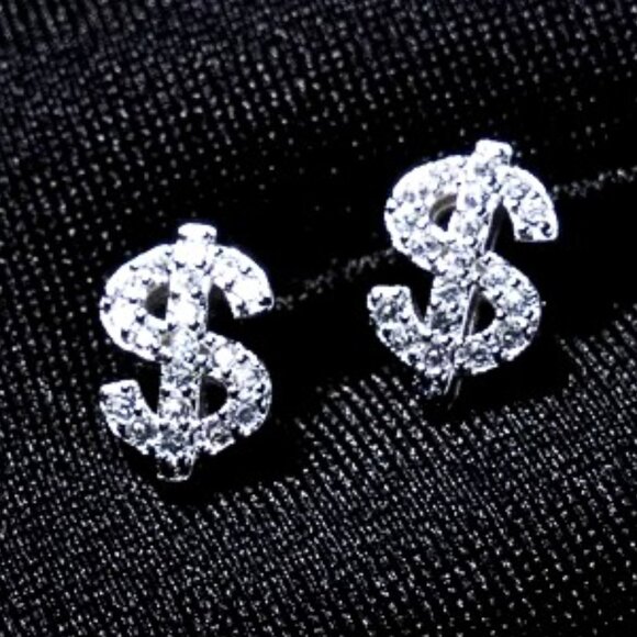 🆕 Dollar Sign Diamond Studded Earrings, 18K White Gold Hypoallergenic 🆕 - Picture 3 of 5